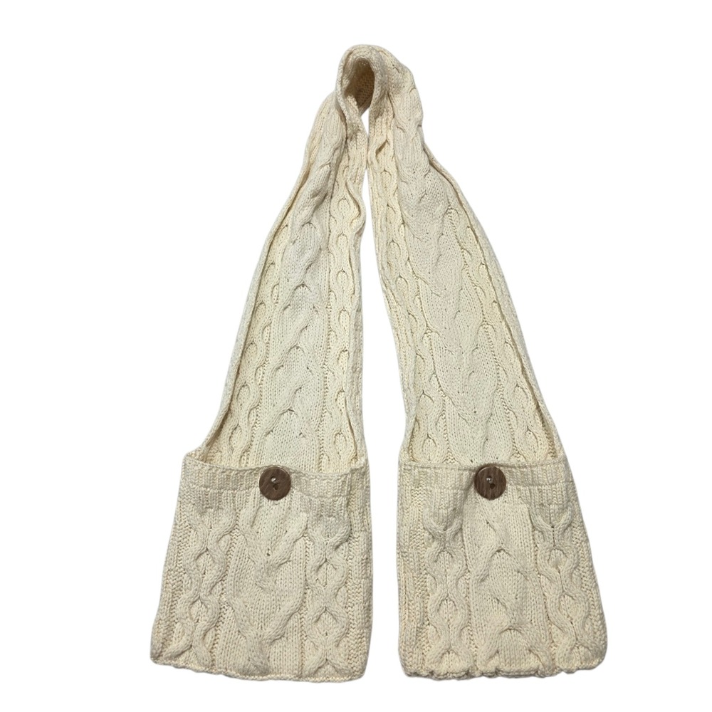 Aran‎ Woollen Mills Merino Wool Pocket Scarf Cream Cable Knit Made in Ireland